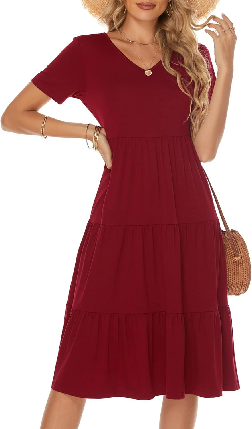 Women'S Casual Summer Tiered Midi Dress 2026 V Neck Boho Sundress | Short Sleeve Dresses for Women, Loose Ruffle Babydoll Style, Cotton Blend Fabric, for Church, Going Out, Beach Vacation