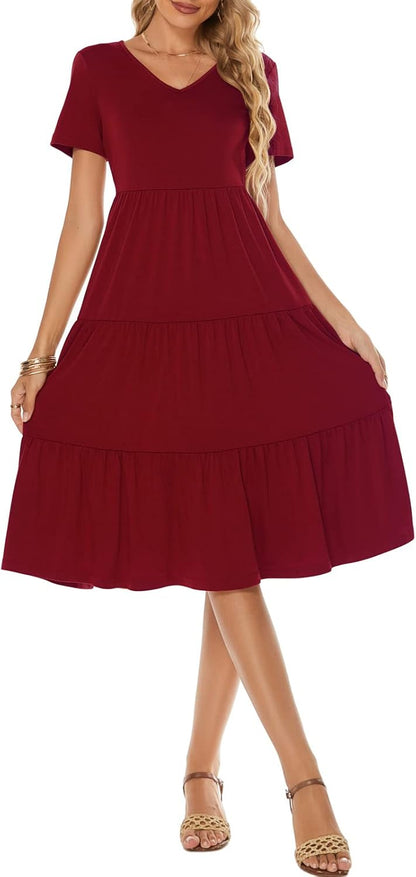 Women'S Casual Summer Tiered Midi Dress 2026 V Neck Boho Sundress | Short Sleeve Dresses for Women, Loose Ruffle Babydoll Style, Cotton Blend Fabric, for Church, Going Out, Beach Vacation