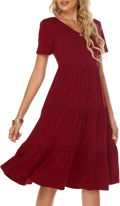 Women'S Casual Summer Tiered Midi Dress 2026 V Neck Boho Sundress | Short Sleeve Dresses for Women, Loose Ruffle Babydoll Style, Cotton Blend Fabric, for Church, Going Out, Beach Vacation