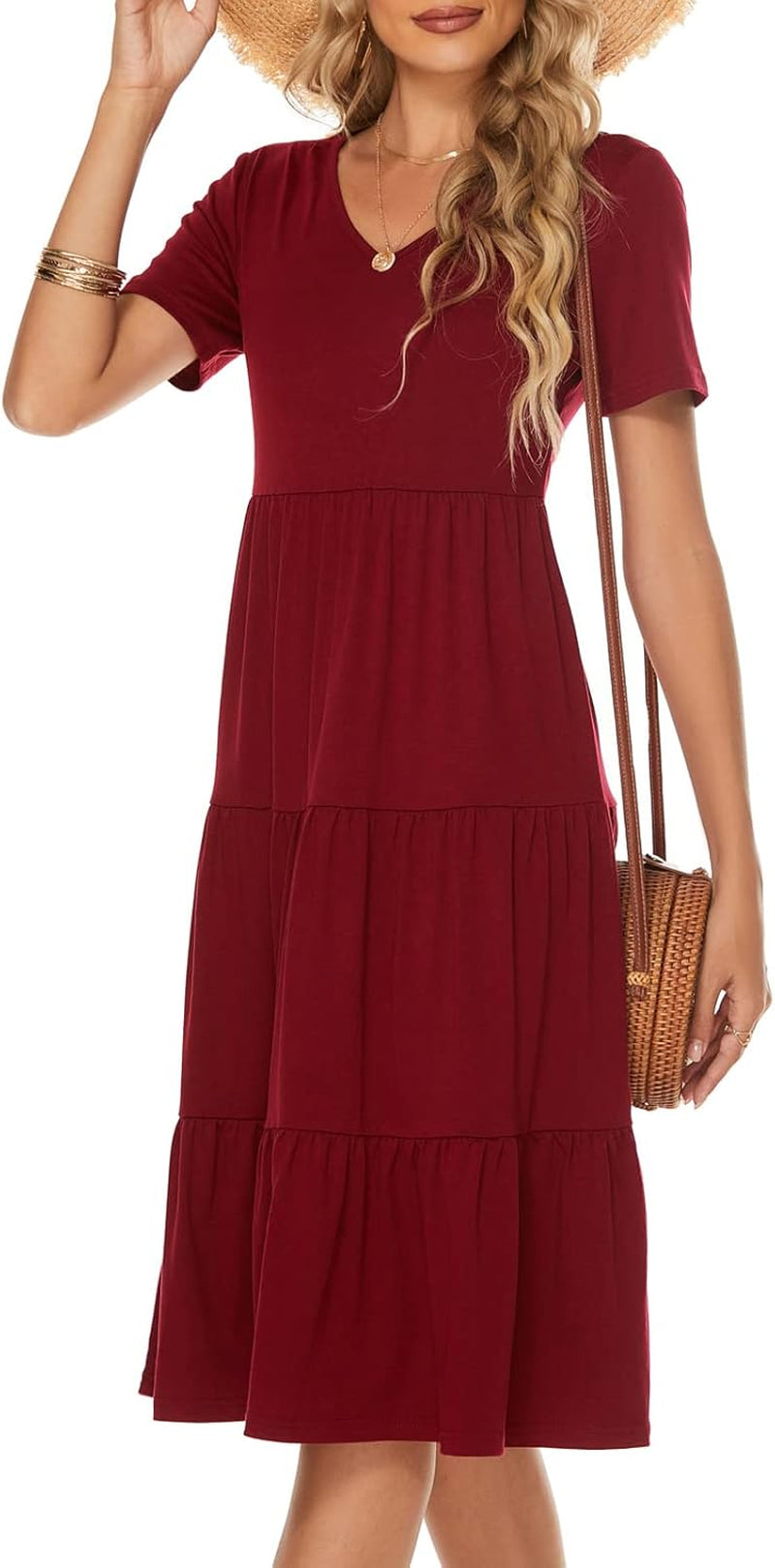 Women'S Casual Summer Tiered Midi Dress 2026 V Neck Boho Sundress | Short Sleeve Dresses for Women, Loose Ruffle Babydoll Style, Cotton Blend Fabric, for Church, Going Out, Beach Vacation