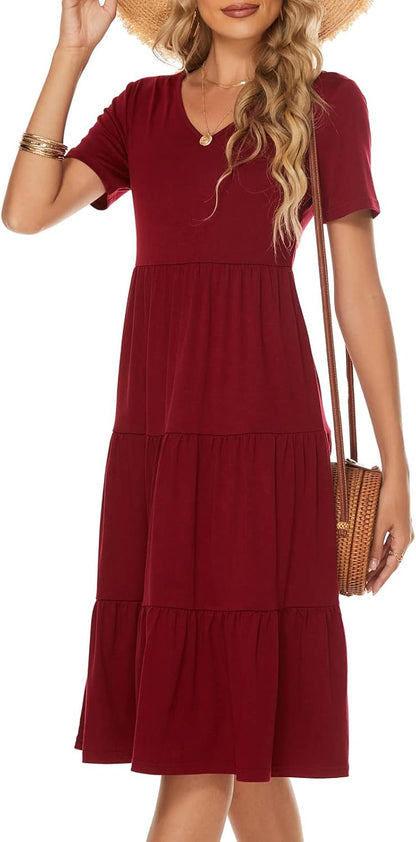 Women'S Casual Summer Tiered Midi Dress 2026 V Neck Boho Sundress | Short Sleeve Dresses for Women, Loose Ruffle Babydoll Style, Cotton Blend Fabric, for Church, Going Out, Beach Vacation